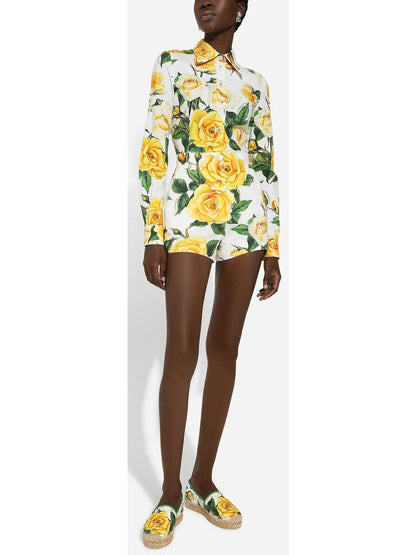 Yellow Rose Printed Long Sleeve Shirt and Short Set - Suits & Sets