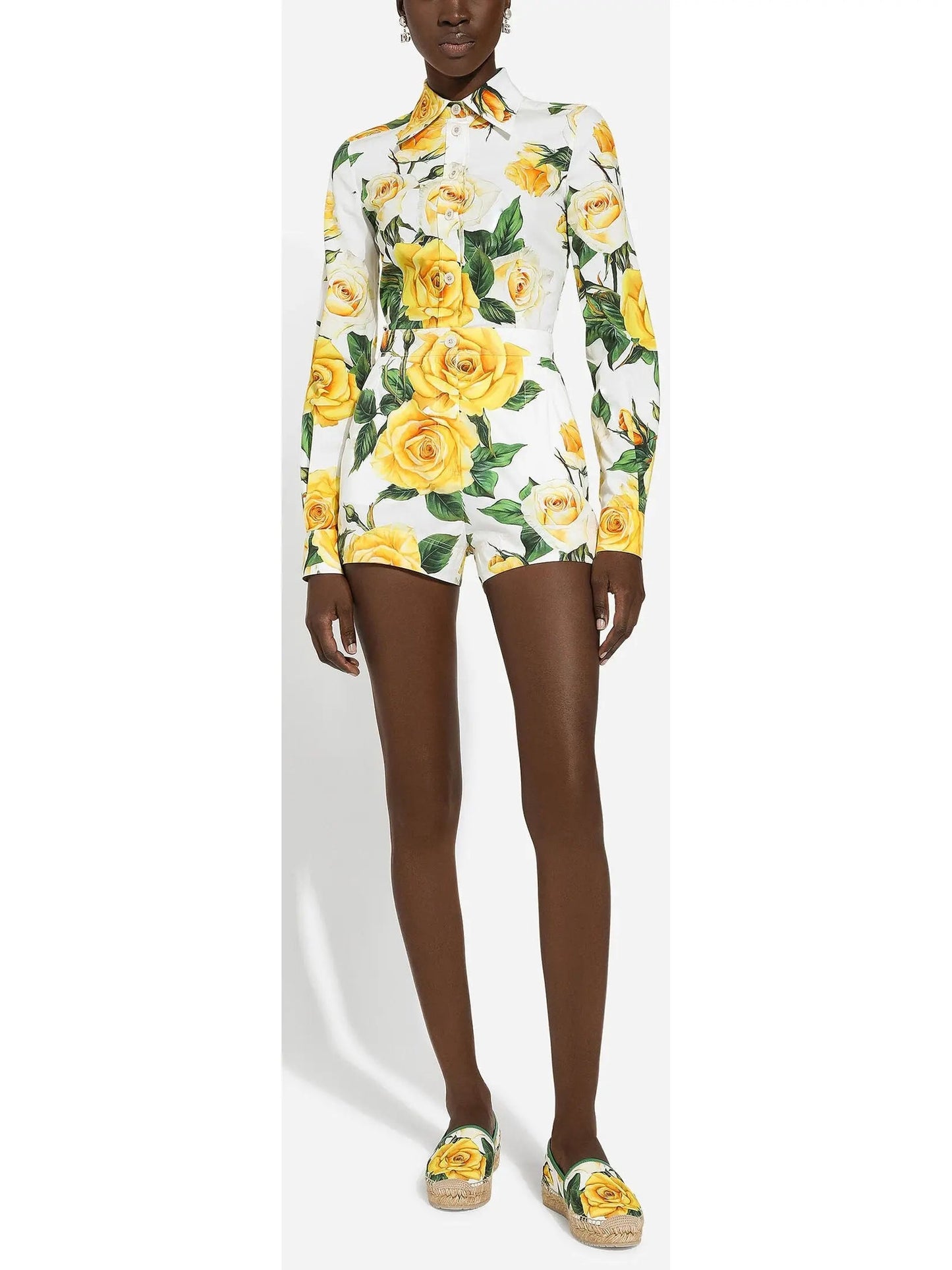 Yellow Rose Printed Long Sleeve Shirt and Short Set - Suits & Sets