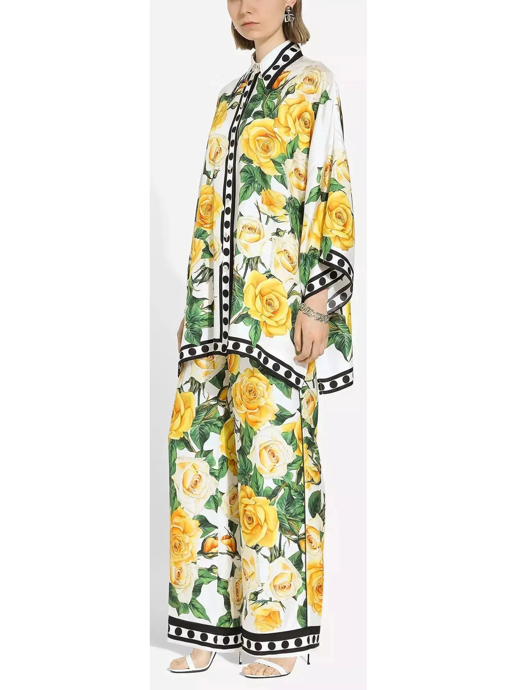 Yellow Rose Printed Oversize Silk Shirt and Pant Set - Suits & Sets