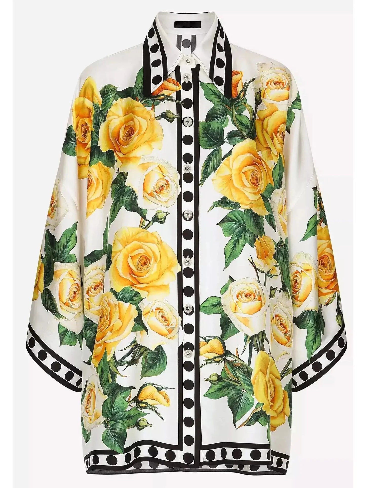 Yellow Rose Printed Oversize Silk Shirt and Pant Set - Suits & Sets