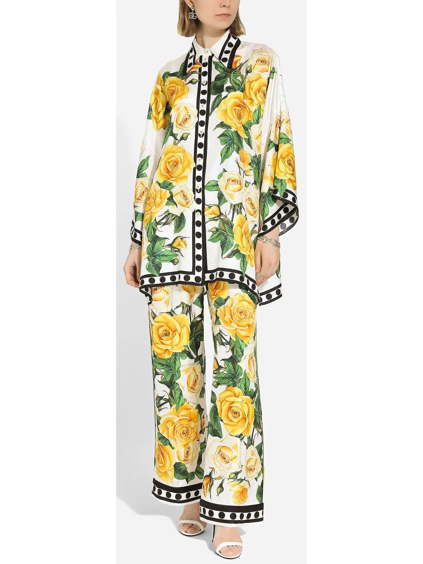 Yellow Rose Printed Oversize Silk Shirt and Pant Set - Suits & Sets