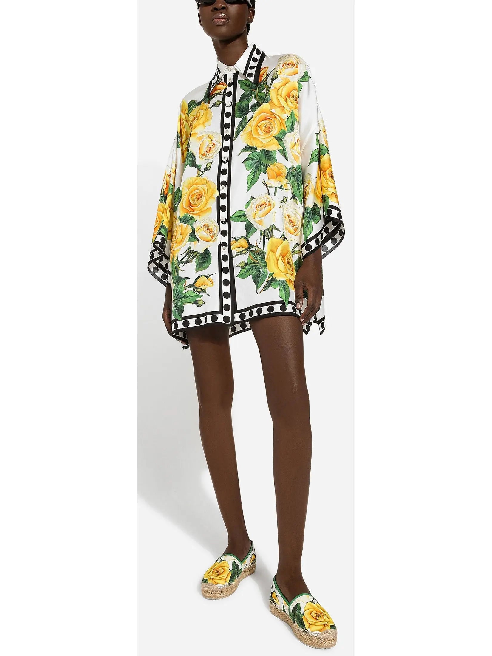 Yellow Rose Printed Oversize Silk Shirt and Pant Set - Suits & Sets