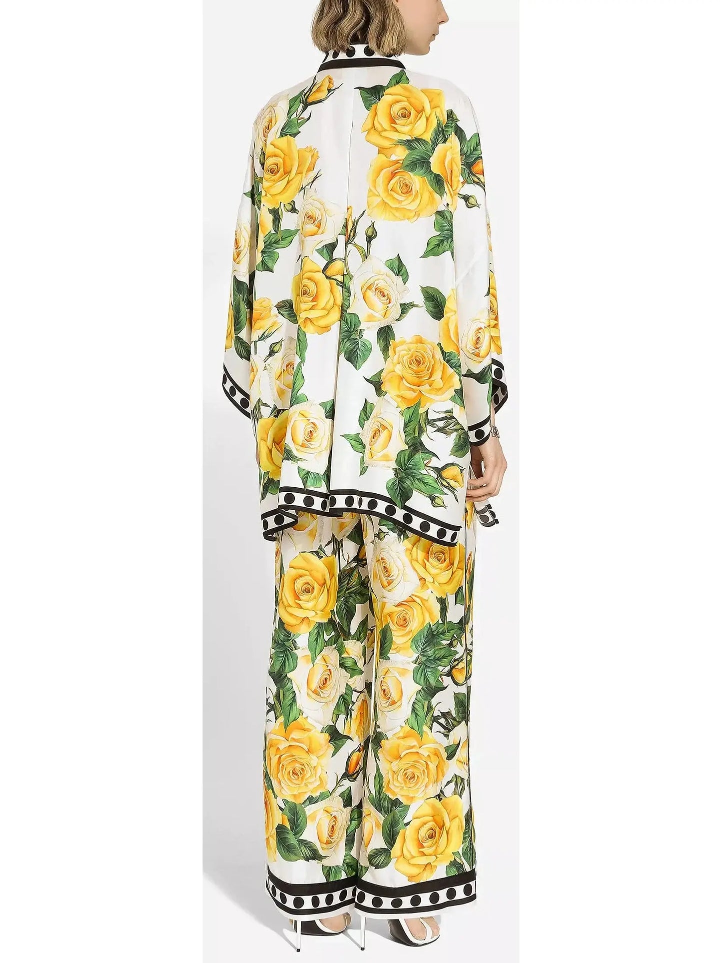 Yellow Rose Printed Oversize Silk Shirt and Pant Set - Suits & Sets