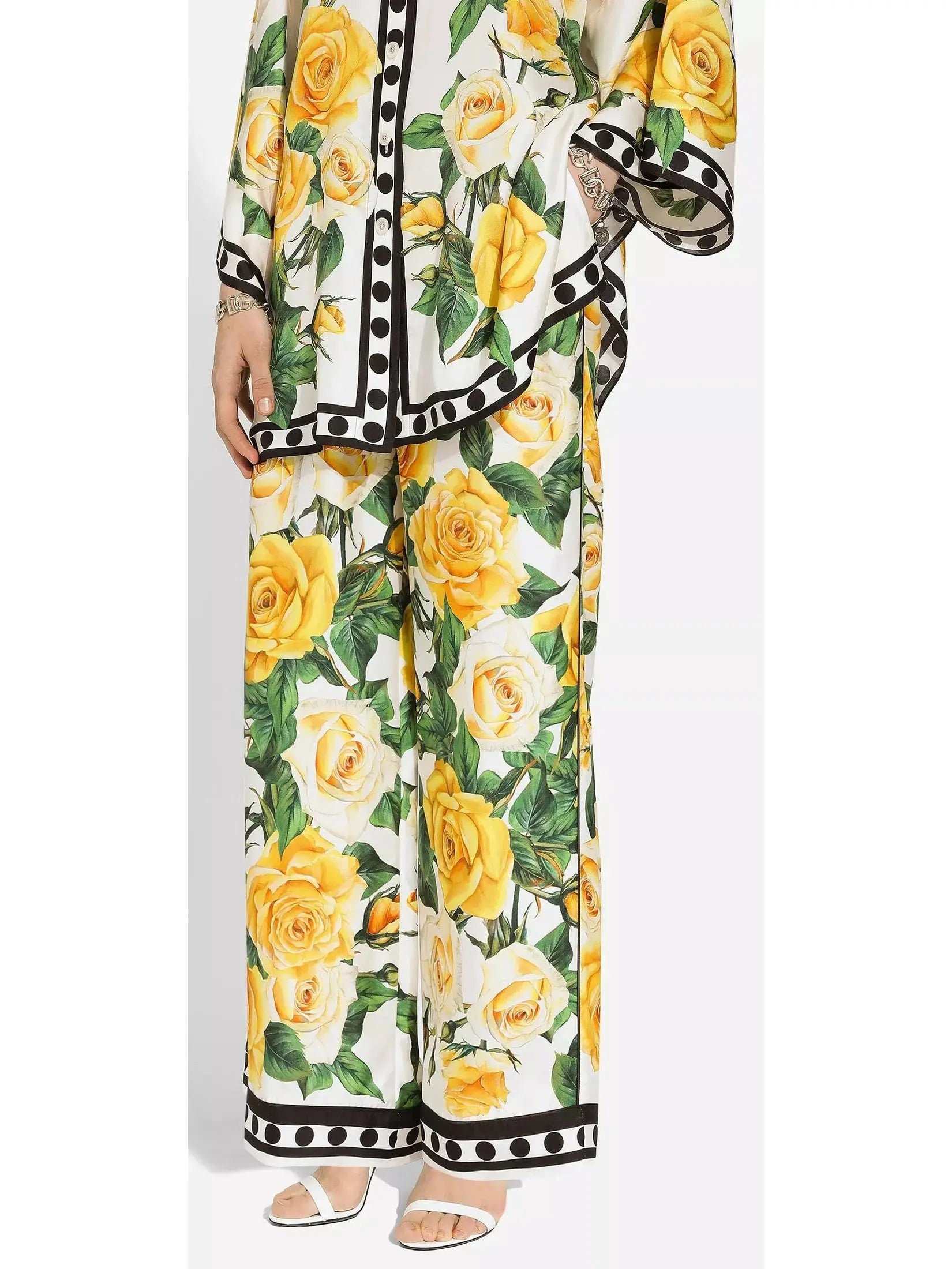 Yellow Rose Printed Oversize Silk Shirt and Pant Set - Suits & Sets