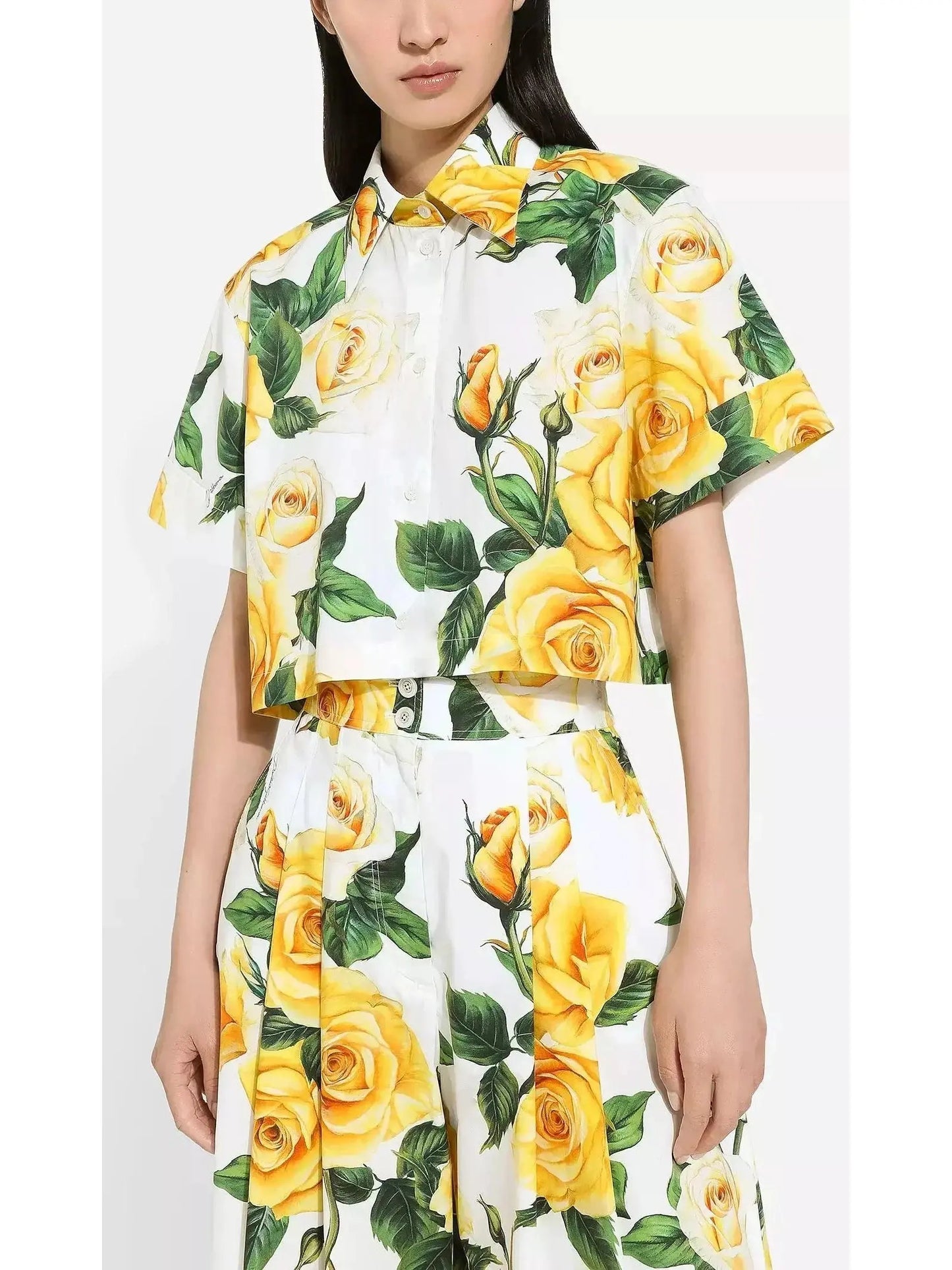 Yellow Rose Printed Short Cotton Shirt and Bermuda Short Set - Suits & Sets