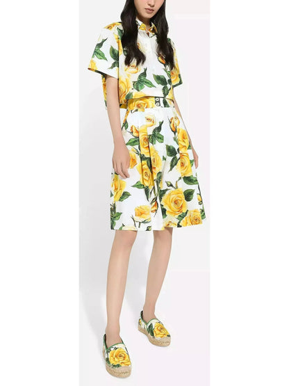 Yellow Rose Printed Short Cotton Shirt and Bermuda Short Set - Suits & Sets