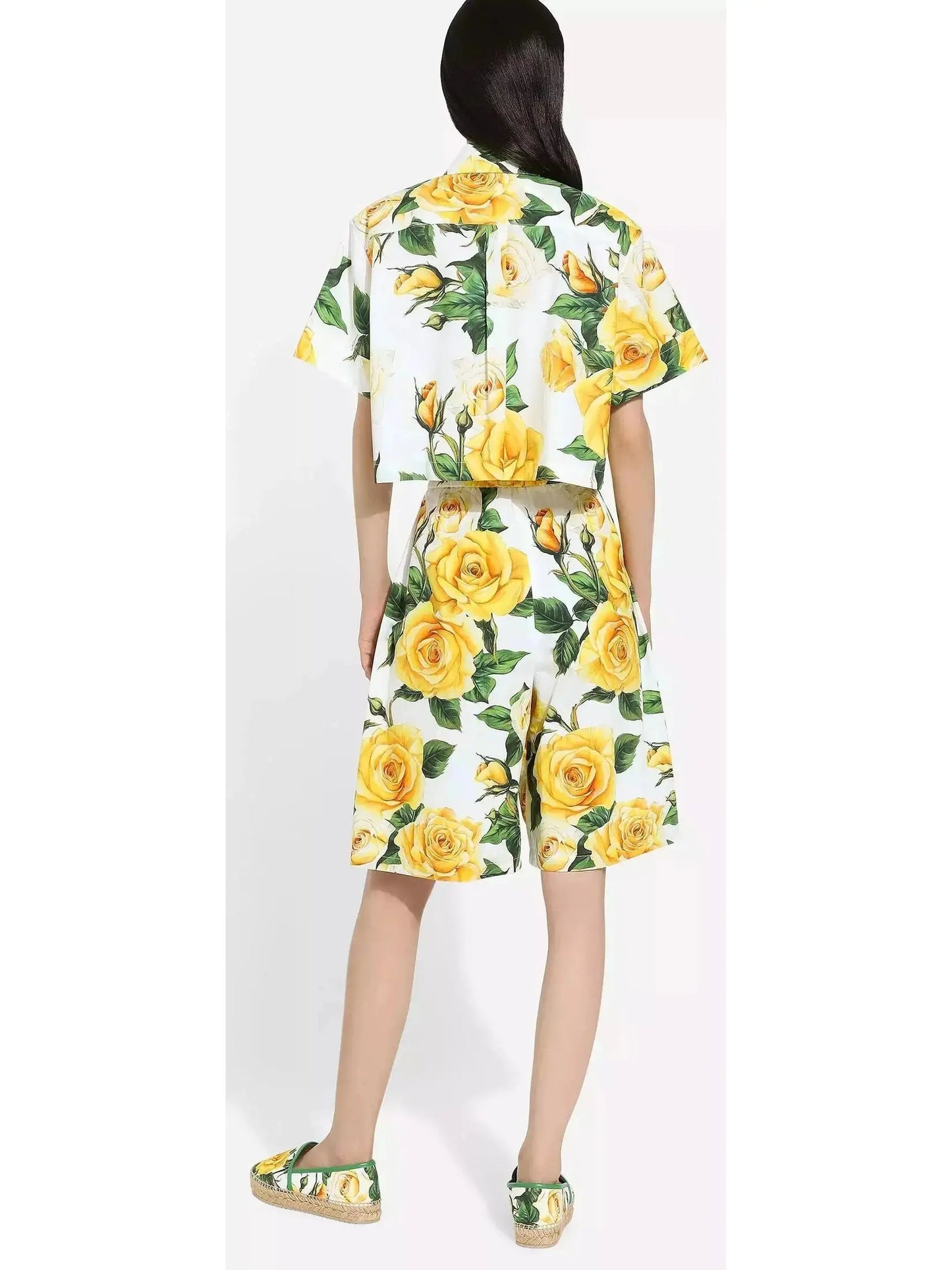 Yellow Rose Printed Short Cotton Shirt and Bermuda Short Set - Suits & Sets