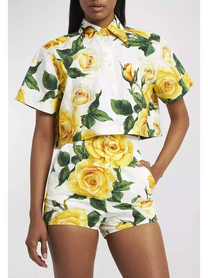 Yellow Rose Printed Short Cotton Shirt and Short Set - Suits & Sets