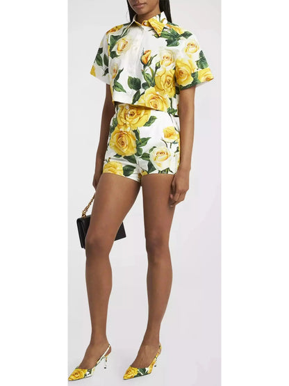 Yellow Rose Printed Short Cotton Shirt and Short Set - Suits & Sets