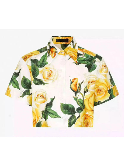 Yellow Rose Printed Short Cotton Shirt and Short Set - Suits & Sets