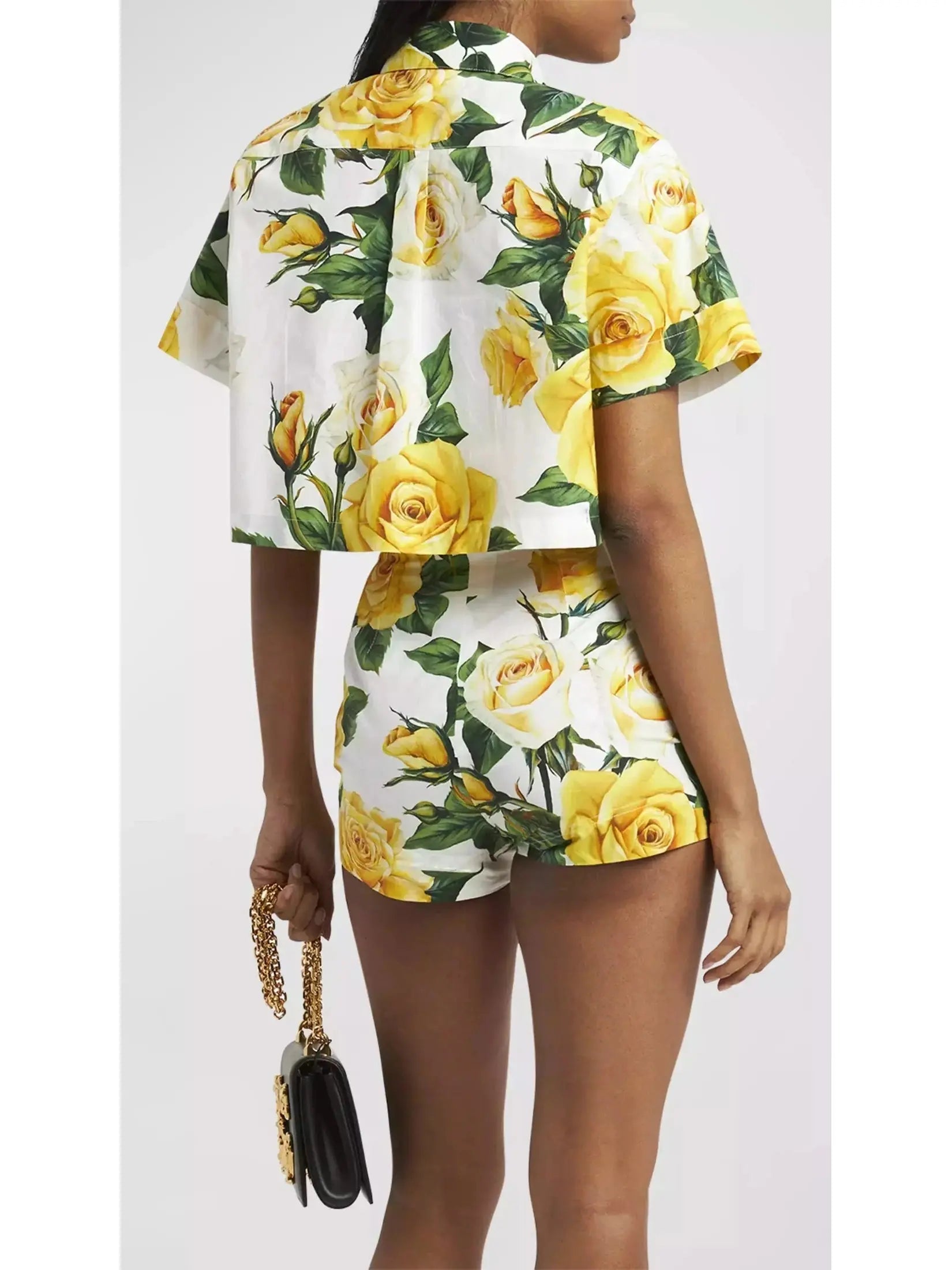 Yellow Rose Printed Short Cotton Shirt and Short Set - Suits & Sets