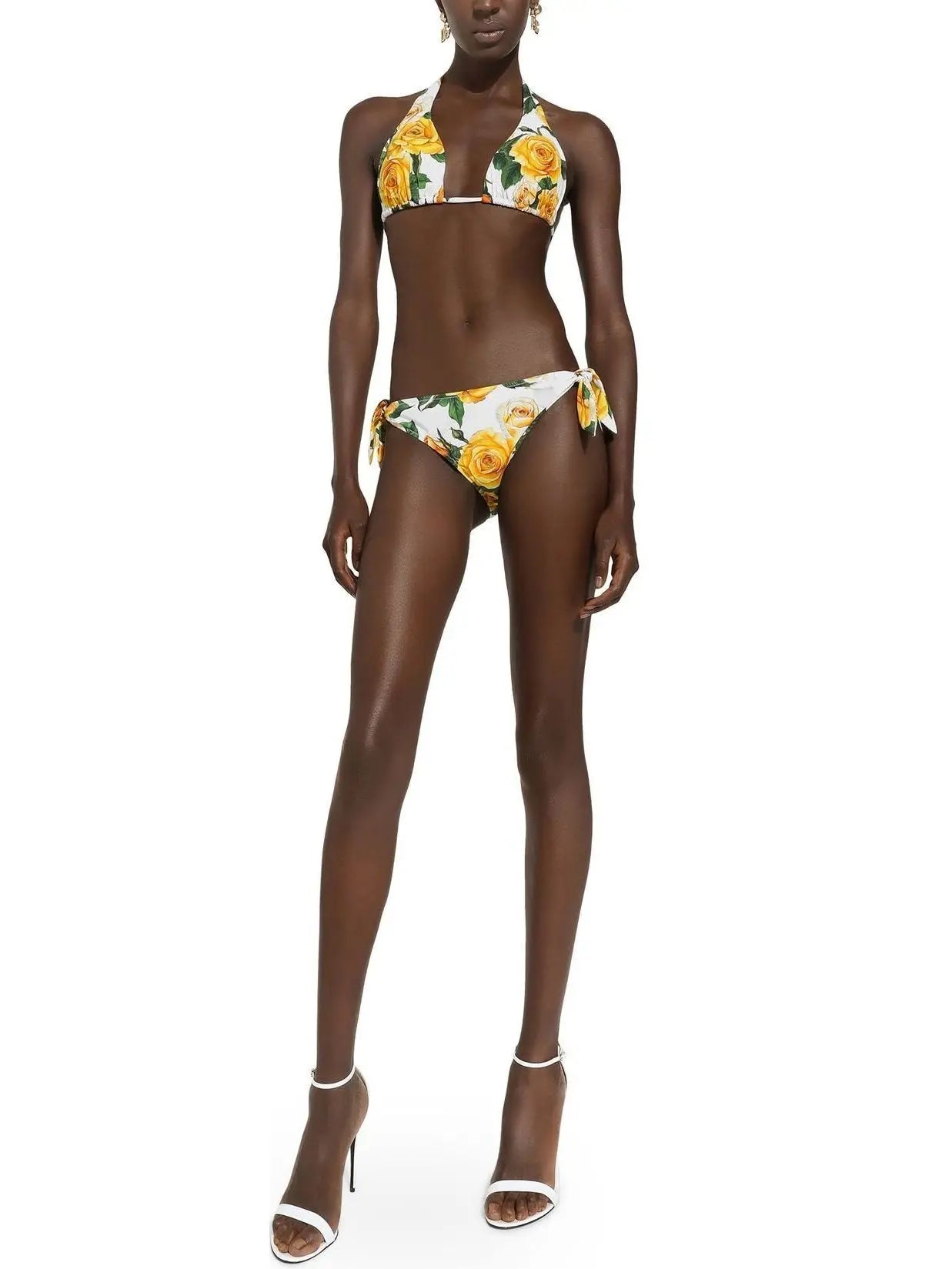 Yellow Rose Printed Triangle Tie Bikini Top and Bottom Set - Suits & Sets